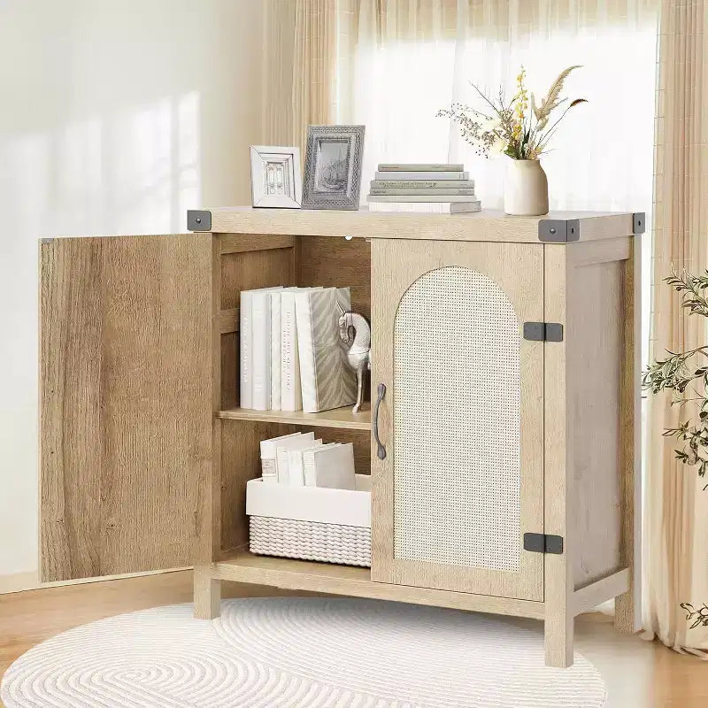 Buffet avec armoire de rangement à accents de rotin, buffet avec étagères réglables, armoire de rangement avec portes en rotin synthétique pour salon, salle à manger