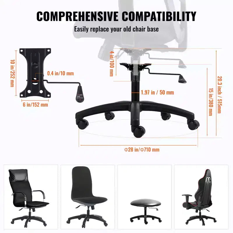 Base de remplacement pour chaise de bureau VEVOR, 28 pouces, charge statique de 2500 livres, base universelle robuste pour chaise de bureau d'ordinateur avec 5 roulettes, noir