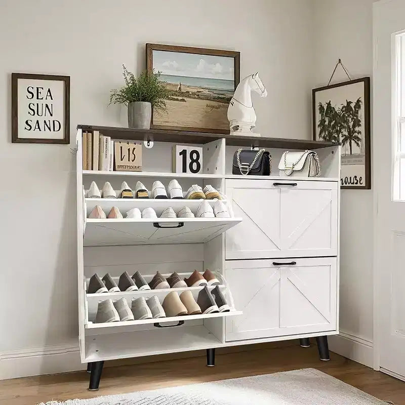 Meuble à chaussures avec 4 tiroirs basculants, Organisateur de chaussures mince sur pied avec pieds en métal, Meuble de rangement étroit pour entrée, Blanc