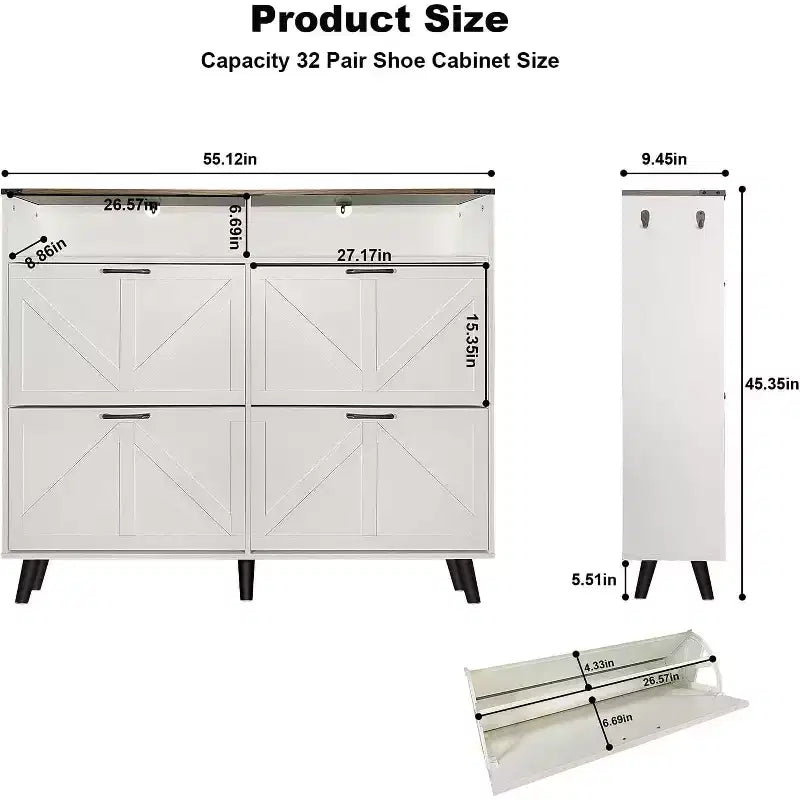 Meuble à chaussures avec 4 tiroirs basculants, Organisateur de chaussures mince sur pied avec pieds en métal, Meuble de rangement étroit pour entrée, Blanc