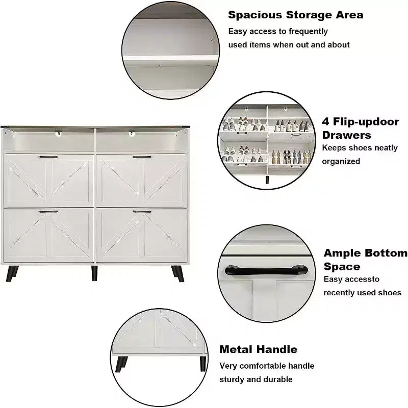 Meuble à chaussures avec 4 tiroirs basculants, Organisateur de chaussures mince sur pied avec pieds en métal, Meuble de rangement étroit pour entrée, Blanc