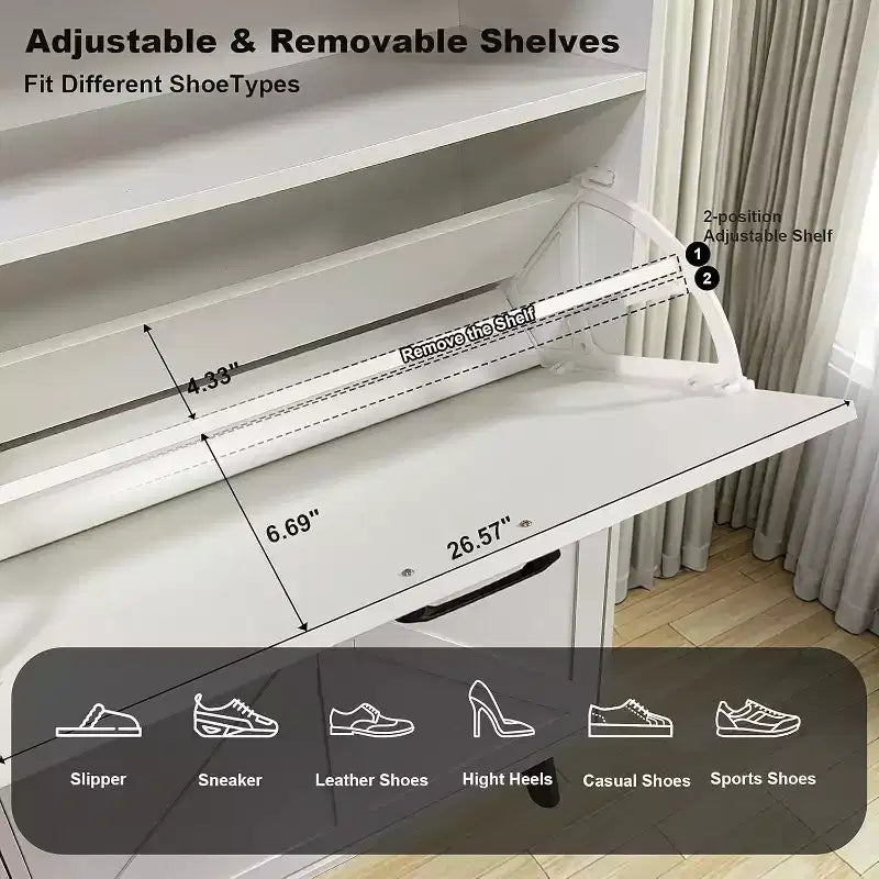 Meuble à chaussures avec 4 tiroirs basculants, Organisateur de chaussures mince sur pied avec pieds en métal, Meuble de rangement étroit pour entrée, Blanc
