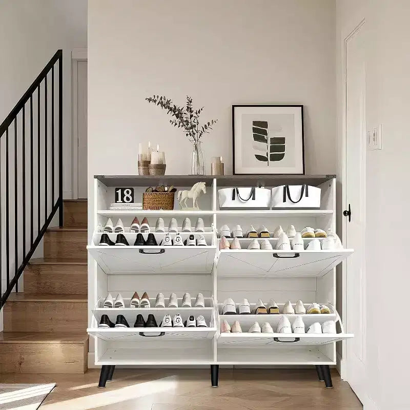 Meuble à chaussures avec 4 tiroirs basculants, Organisateur de chaussures mince sur pied avec pieds en métal, Meuble de rangement étroit pour entrée, Blanc