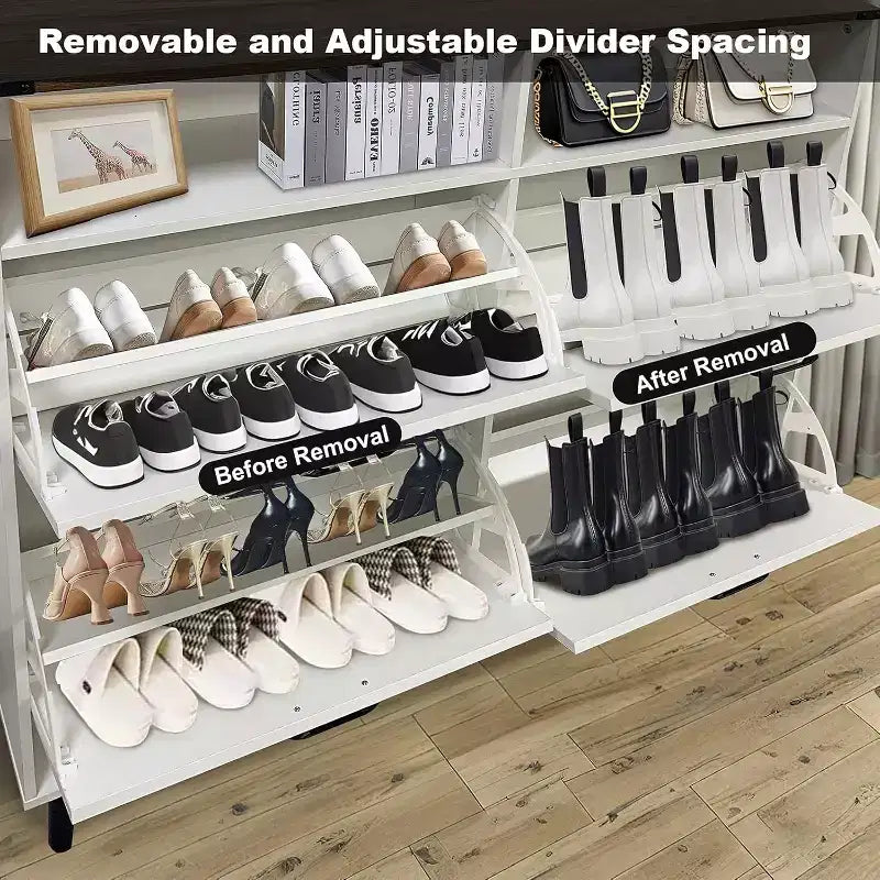 Meuble à chaussures avec 4 tiroirs basculants, Organisateur de chaussures mince sur pied avec pieds en métal, Meuble de rangement étroit pour entrée, Blanc