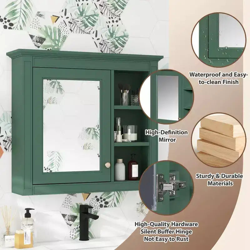 Meuble de salle de bain mural gris de 30x28 pouces avec miroir et 3 étagères ouvertes