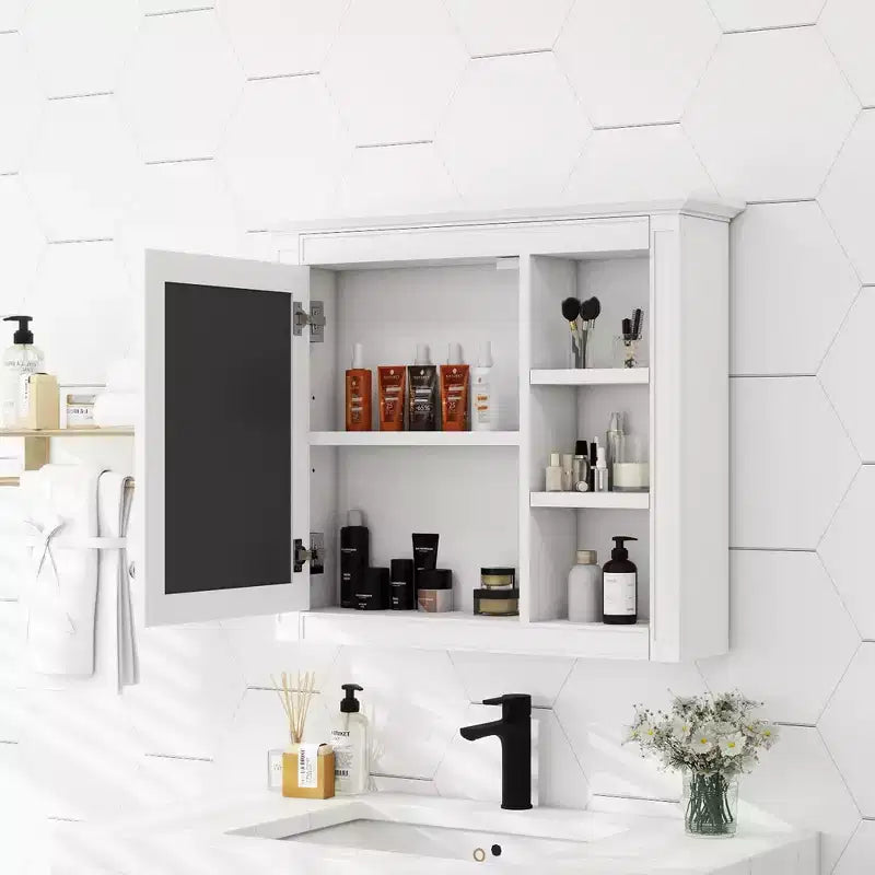 Meuble de salle de bain mural gris de 30x28 pouces avec miroir et 3 étagères ouvertes