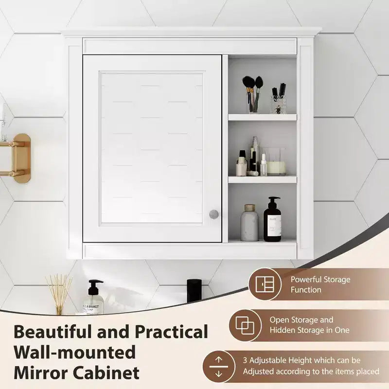 Meuble de salle de bain mural gris de 30x28 pouces avec miroir et 3 étagères ouvertes
