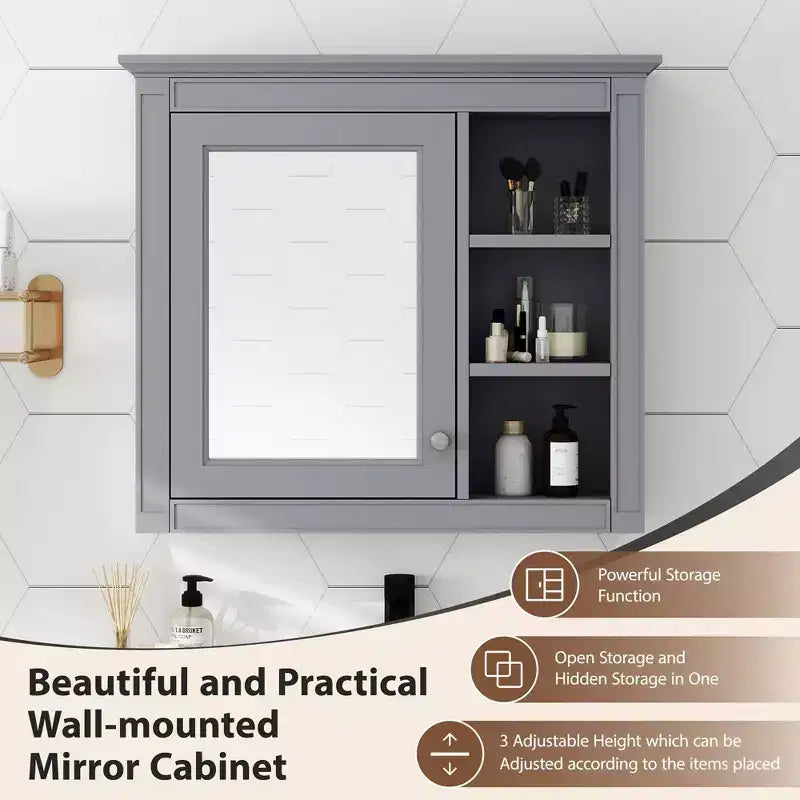 Meuble de salle de bain mural gris de 30x28 pouces avec miroir et 3 étagères ouvertes