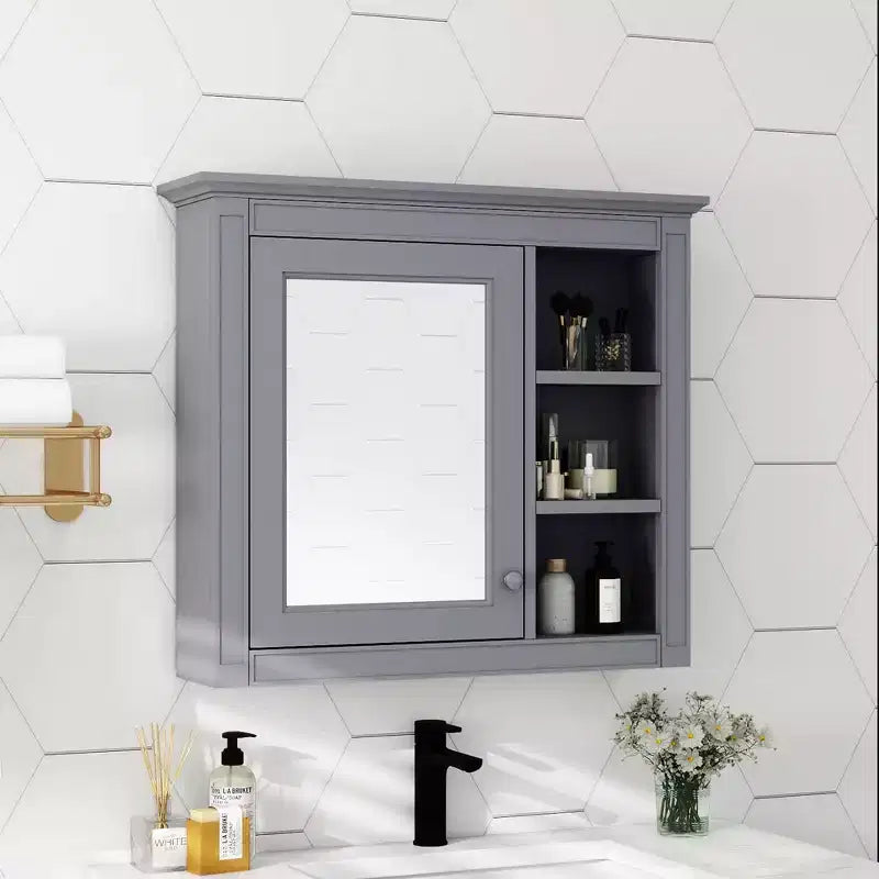 Meuble de salle de bain mural gris de 30x28 pouces avec miroir et 3 étagères ouvertes