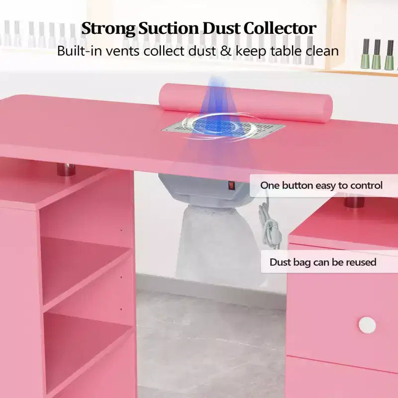 Karlhome Table de manucure de 42,5 po en MDF blanc avec 3 tiroirs, meuble latéral ouvert, portes et collecteur de poussière électrique