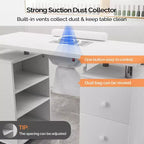 Karlhome Table de manucure de 42,5 po en MDF blanc avec 3 tiroirs, meuble latéral ouvert, portes et collecteur de poussière électrique