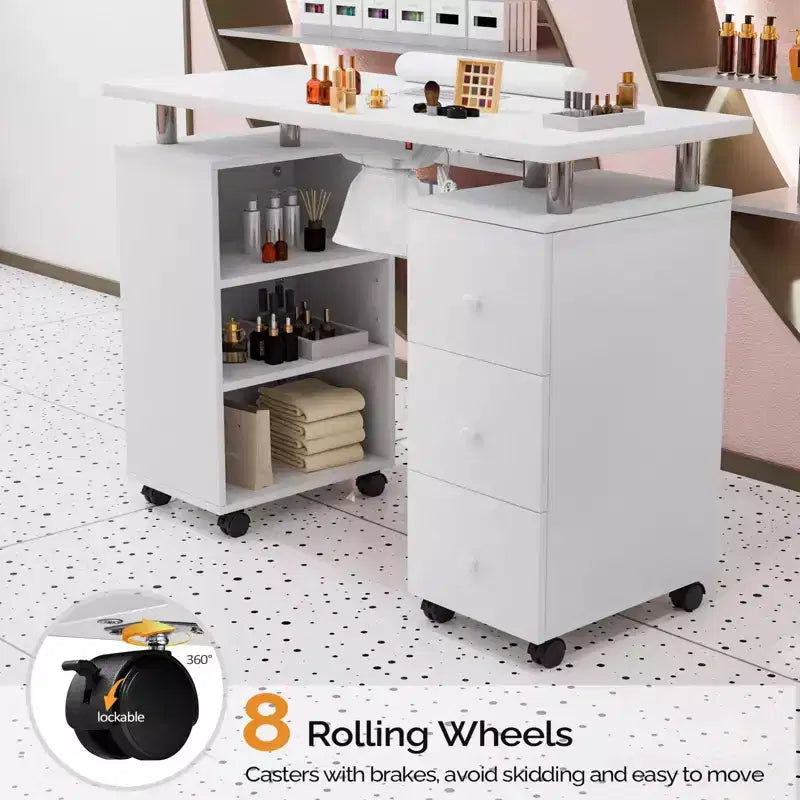 Karlhome Table de manucure de 42,5 po en MDF blanc avec 3 tiroirs, meuble latéral ouvert, portes et collecteur de poussière électrique