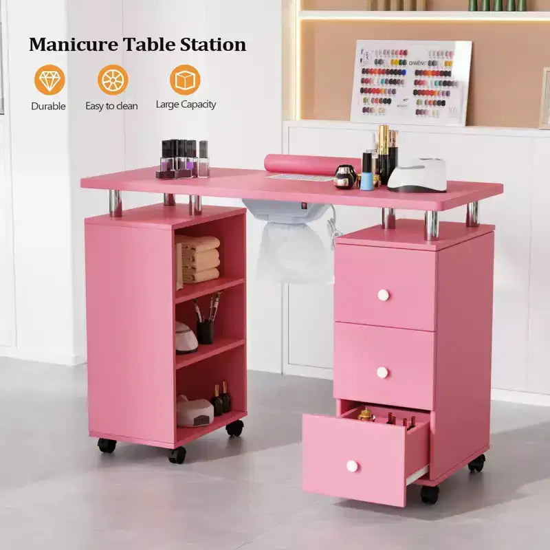 Karlhome Table de manucure de 42,5 po en MDF blanc avec 3 tiroirs, meuble latéral ouvert, portes et collecteur de poussière électrique