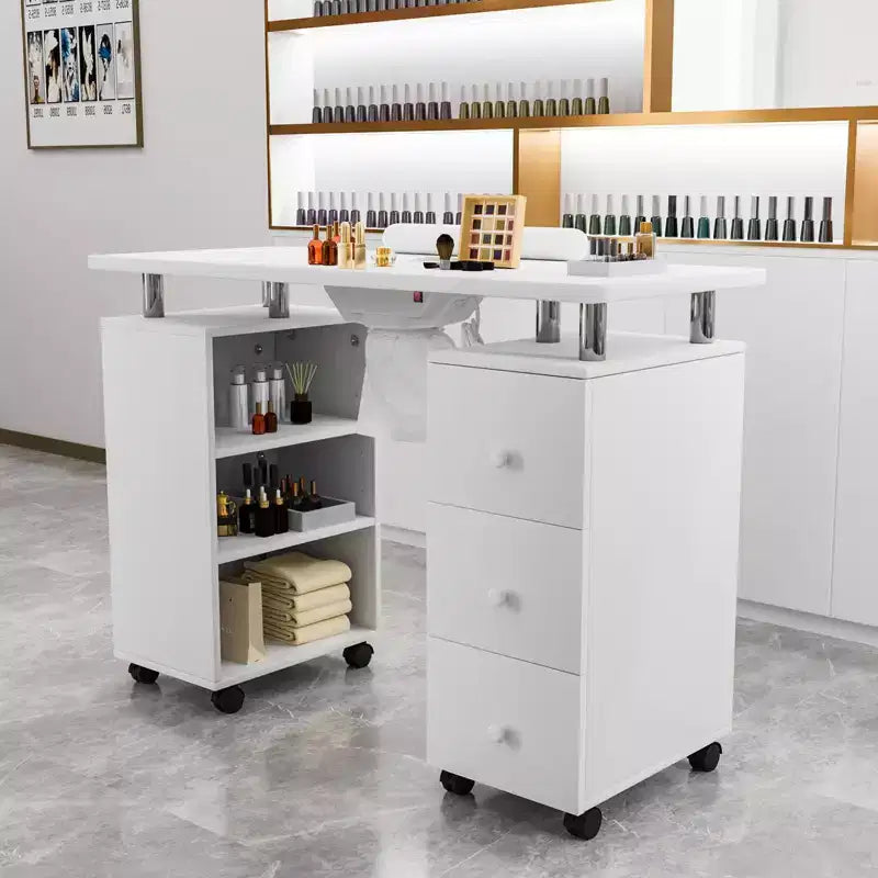 Karlhome Table de manucure de 42,5 po en MDF blanc avec 3 tiroirs, meuble latéral ouvert, portes et collecteur de poussière électrique