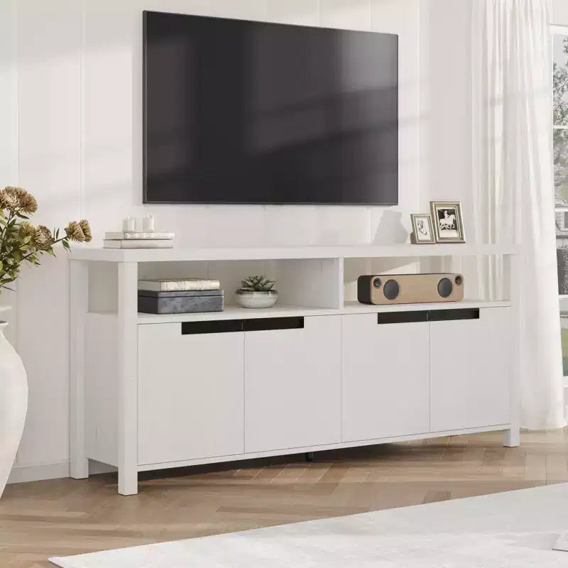 Meuble TV pour téléviseurs jusqu'à 70 pouces, long meuble de divertissement blanc avec 4 portes et étagères ouvertes, meuble console de télévision marron rustique