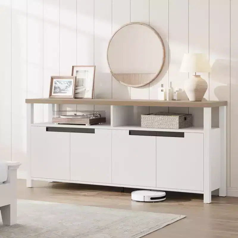 Meuble TV pour téléviseurs jusqu'à 70 pouces, long meuble de divertissement blanc avec 4 portes et étagères ouvertes, meuble console de télévision marron rustique