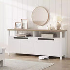 Meuble TV pour téléviseurs jusqu'à 70 pouces, long meuble de divertissement blanc avec 4 portes et étagères ouvertes, meuble console de télévision marron rustique