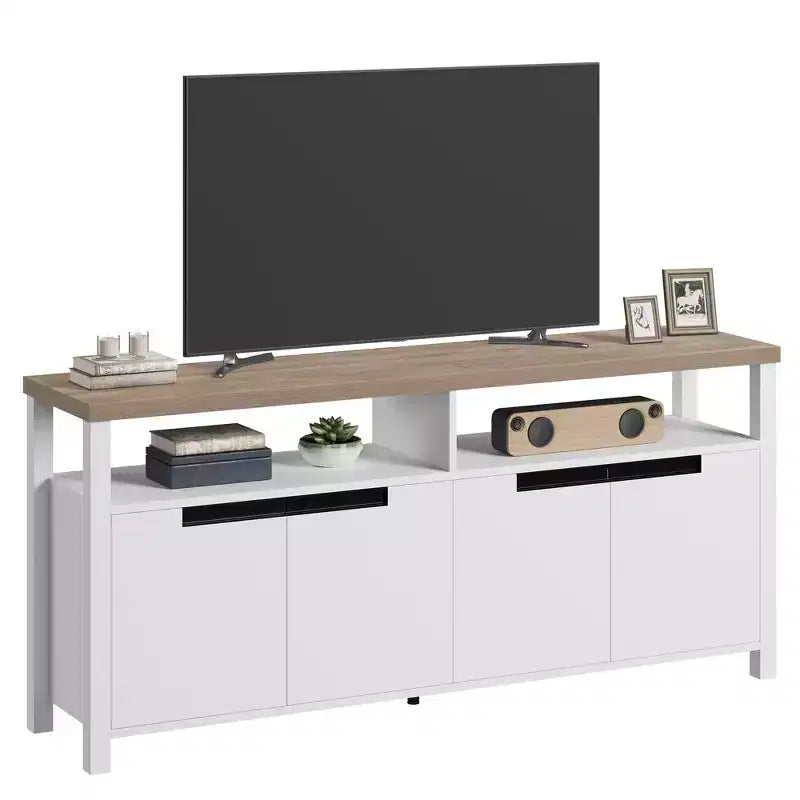 Meuble TV pour téléviseurs jusqu'à 70 pouces, long meuble de divertissement blanc avec 4 portes et étagères ouvertes, meuble console de télévision marron rustique