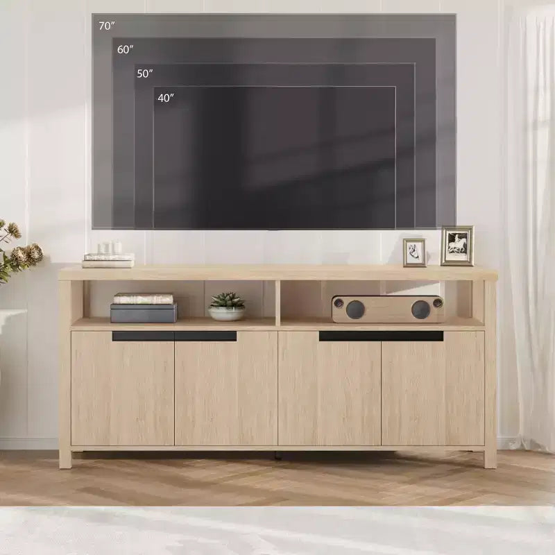 Meuble TV pour téléviseurs jusqu'à 70 pouces, long meuble de divertissement blanc avec 4 portes et étagères ouvertes, meuble console de télévision marron rustique
