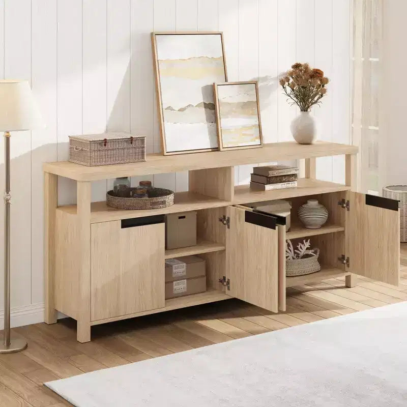 Meuble TV pour téléviseurs jusqu'à 70 pouces, long meuble de divertissement blanc avec 4 portes et étagères ouvertes, meuble console de télévision marron rustique