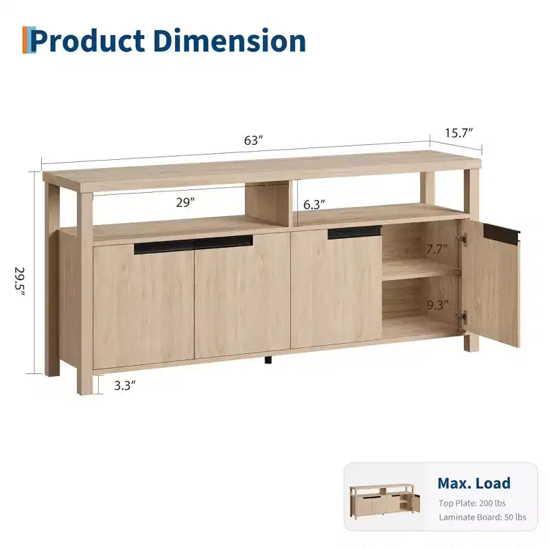 Meuble TV pour téléviseurs jusqu'à 70 pouces, long meuble de divertissement blanc avec 4 portes et étagères ouvertes, meuble console de télévision marron rustique