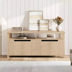 Meuble TV pour téléviseurs jusqu'à 70 pouces, long meuble de divertissement blanc avec 4 portes et étagères ouvertes, meuble console de télévision marron rustique