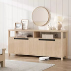 Meuble TV pour téléviseurs jusqu'à 70 pouces, long meuble de divertissement blanc avec 4 portes et étagères ouvertes, meuble console de télévision marron rustique