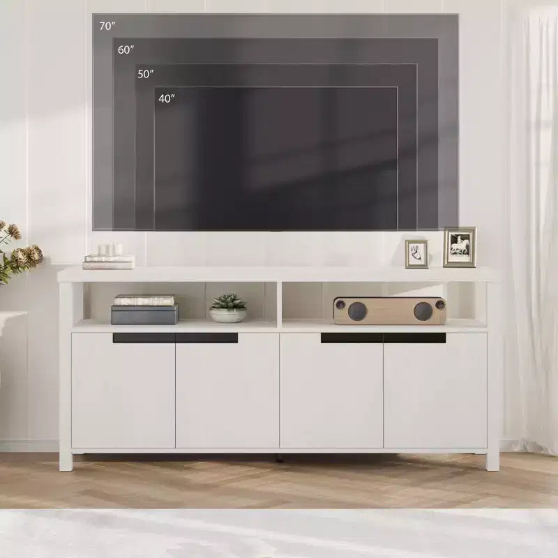 Meuble TV pour téléviseurs jusqu'à 70 pouces, long meuble de divertissement blanc avec 4 portes et étagères ouvertes, meuble console de télévision marron rustique