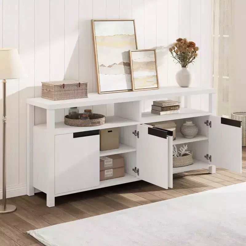 Meuble TV pour téléviseurs jusqu'à 70 pouces, long meuble de divertissement blanc avec 4 portes et étagères ouvertes, meuble console de télévision marron rustique