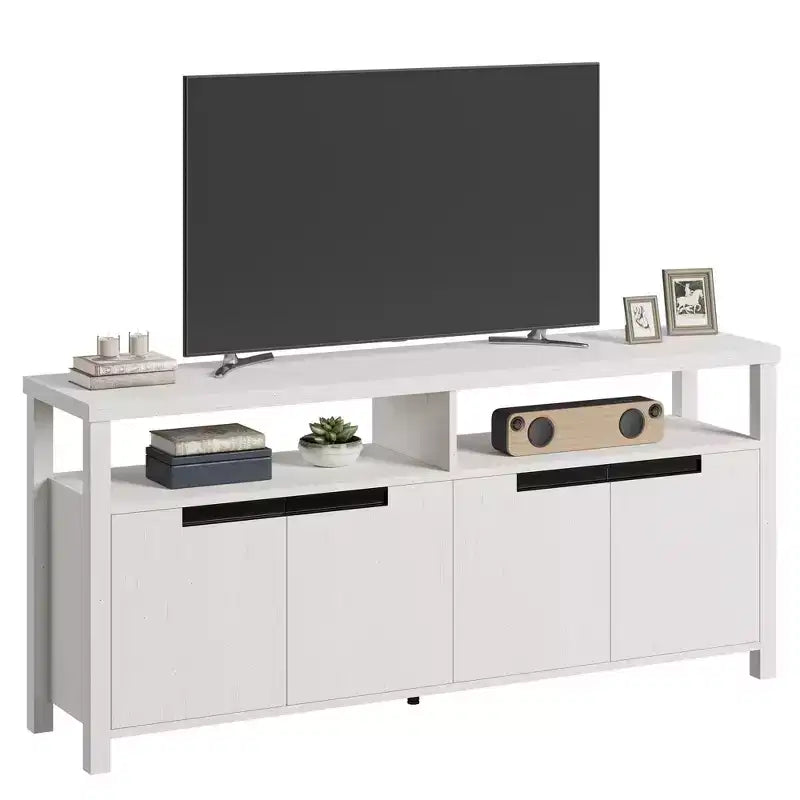 Meuble TV pour téléviseurs jusqu'à 70 pouces, long meuble de divertissement blanc avec 4 portes et étagères ouvertes, meuble console de télévision marron rustique