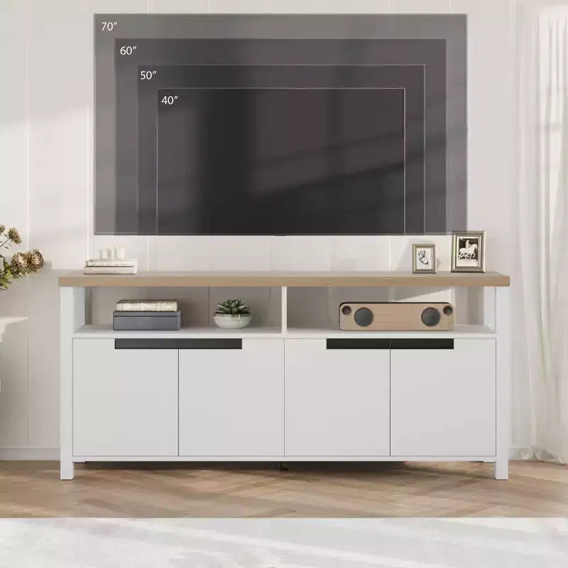 Meuble TV pour téléviseurs jusqu'à 70 pouces, long meuble de divertissement blanc avec 4 portes et étagères ouvertes, meuble console de télévision marron rustique