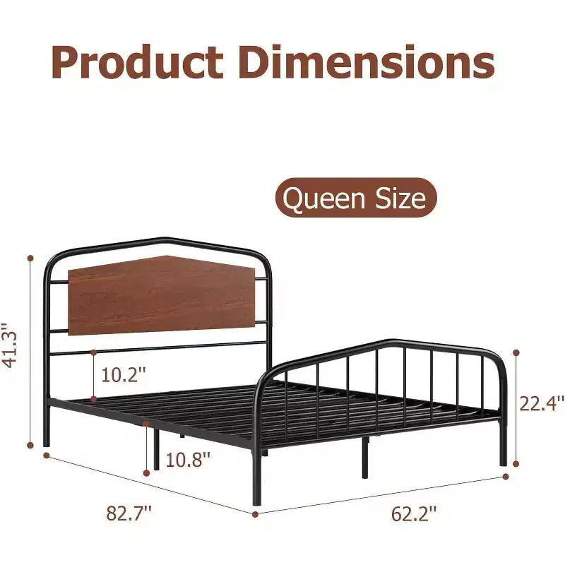 Cadre de lit Queen Size, plateforme métallique robuste, tête et pied de lit en bois, grand espace de rangement sous le lit, silencieux, pas besoin de sommier, noyer