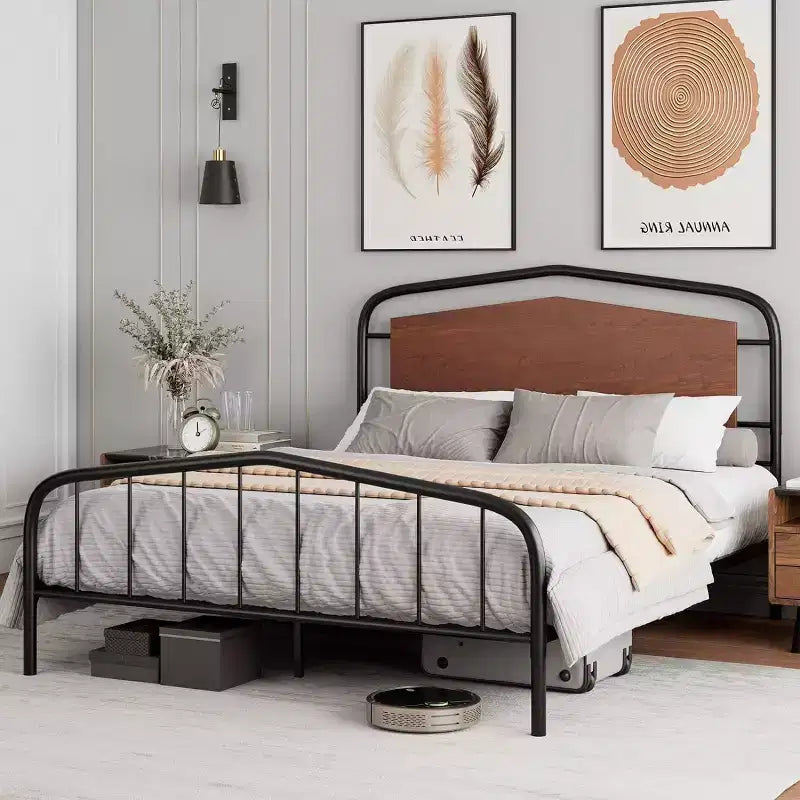 Cadre de lit Queen Size, plateforme métallique robuste, tête et pied de lit en bois, grand espace de rangement sous le lit, silencieux, pas besoin de sommier, noyer