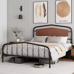 Cadre de lit Queen Size, plateforme métallique robuste, tête et pied de lit en bois, grand espace de rangement sous le lit, silencieux, pas besoin de sommier, noyer