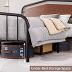Cadre de lit Queen Size, plateforme métallique robuste, tête et pied de lit en bois, grand espace de rangement sous le lit, silencieux, pas besoin de sommier, noyer