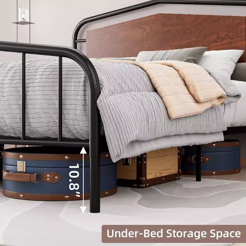 Cadre de lit Queen Size, plateforme métallique robuste, tête et pied de lit en bois, grand espace de rangement sous le lit, silencieux, pas besoin de sommier, noyer