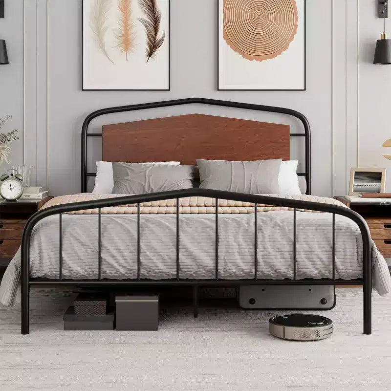 Cadre de lit Queen Size, plateforme métallique robuste, tête et pied de lit en bois, grand espace de rangement sous le lit, silencieux, pas besoin de sommier, noyer