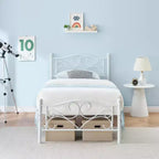 Cadre de lit double en métal avec tête de lit, plateforme durable, lattes en acier robustes, coins arrondis, forte capacité de charge, rangement sous le lit, blanc