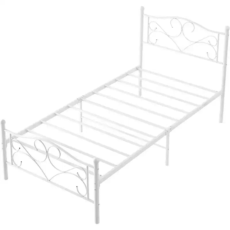 Cadre de lit double en métal avec tête de lit, plateforme durable, lattes en acier robustes, coins arrondis, forte capacité de charge, rangement sous le lit, blanc