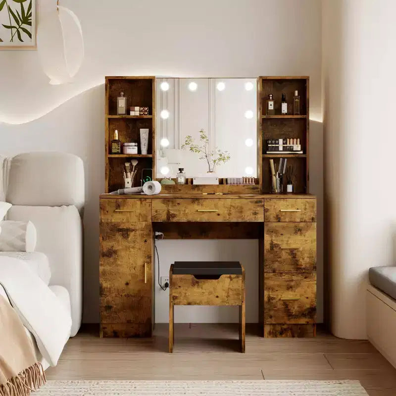 Ensemble de coiffeuse de ferme avec miroir lumineux, coiffeuse moderne de 141,5 cm avec prise de courant et étagères de rangement, table de maquillage pour femmes et jeunes filles