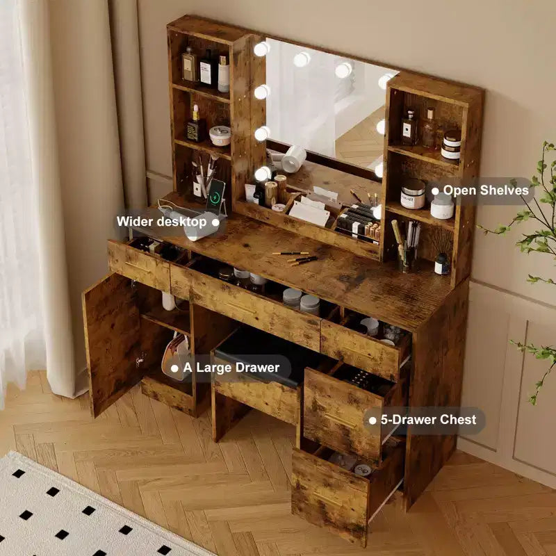 Ensemble de coiffeuse de ferme avec miroir lumineux, coiffeuse moderne de 141,5 cm avec prise de courant et étagères de rangement, table de maquillage pour femmes et jeunes filles