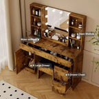 Ensemble de coiffeuse de ferme avec miroir lumineux, coiffeuse moderne de 141,5 cm avec prise de courant et étagères de rangement, table de maquillage pour femmes et jeunes filles
