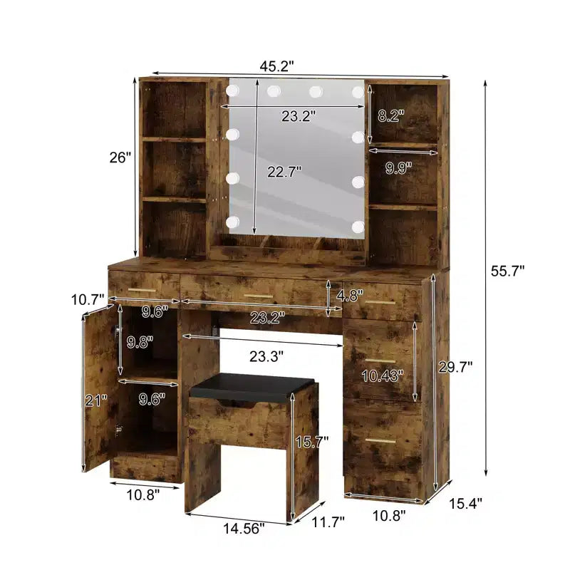 Ensemble de coiffeuse de ferme avec miroir lumineux, coiffeuse moderne de 141,5 cm avec prise de courant et étagères de rangement, table de maquillage pour femmes et jeunes filles