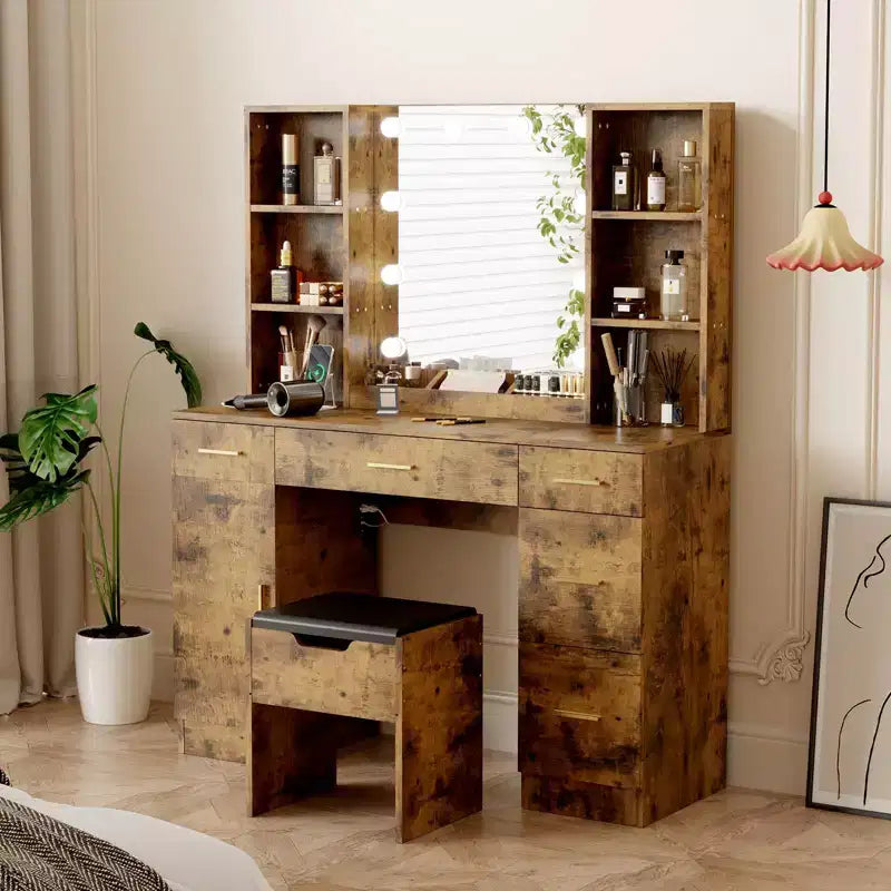 Ensemble de coiffeuse de ferme avec miroir lumineux, coiffeuse moderne de 141,5 cm avec prise de courant et étagères de rangement, table de maquillage pour femmes et jeunes filles
