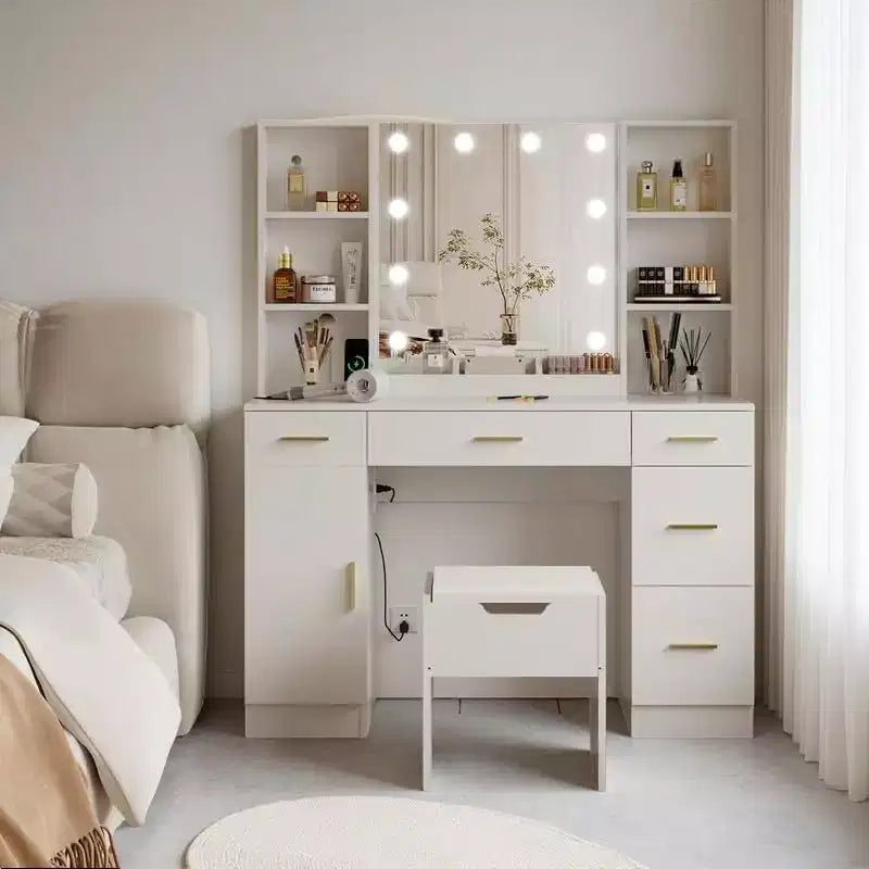 Ensemble de coiffeuse de ferme avec miroir lumineux, coiffeuse moderne de 141,5 cm avec prise de courant et étagères de rangement, table de maquillage pour femmes et jeunes filles