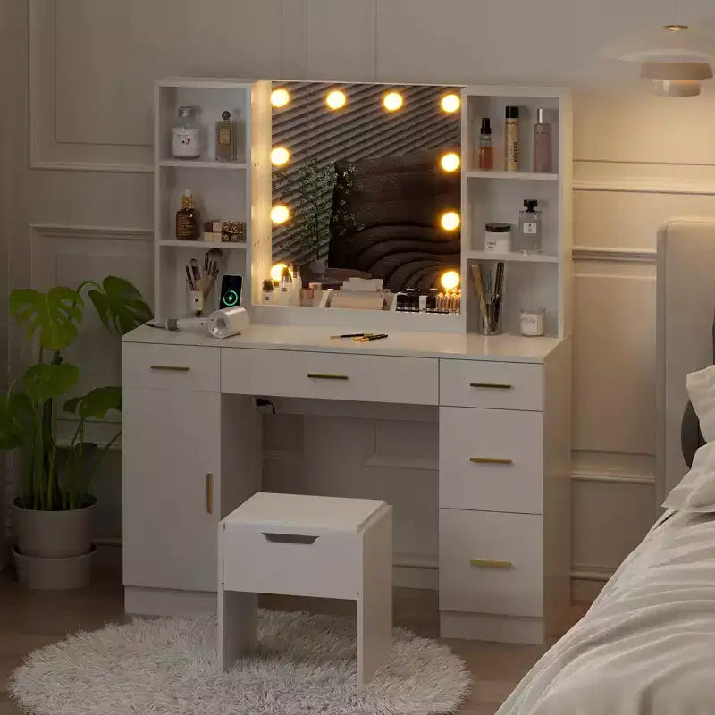Ensemble de coiffeuse de ferme avec miroir lumineux, coiffeuse moderne de 141,5 cm avec prise de courant et étagères de rangement, table de maquillage pour femmes et jeunes filles