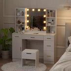 Ensemble de coiffeuse de ferme avec miroir lumineux, coiffeuse moderne de 141,5 cm avec prise de courant et étagères de rangement, table de maquillage pour femmes et jeunes filles