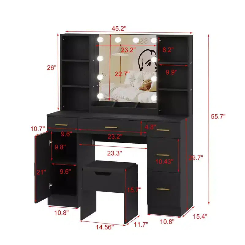 Ensemble de coiffeuse de ferme avec miroir lumineux, coiffeuse moderne de 141,5 cm avec prise de courant et étagères de rangement, table de maquillage pour femmes et jeunes filles