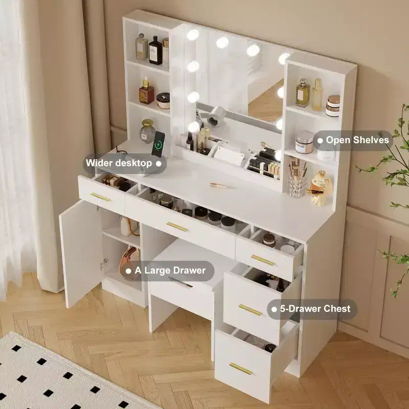 Ensemble de coiffeuse de ferme avec miroir lumineux, coiffeuse moderne de 141,5 cm avec prise de courant et étagères de rangement, table de maquillage pour femmes et jeunes filles