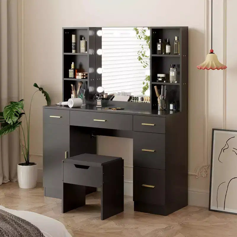 Ensemble de coiffeuse de ferme avec miroir lumineux, coiffeuse moderne de 141,5 cm avec prise de courant et étagères de rangement, table de maquillage pour femmes et jeunes filles